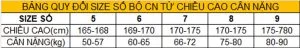 Bảng quy đổi size từ chiều cao cân nặng