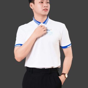 Áo phông đồng phục công ty có cổ màu trắng phối bo xanh dương