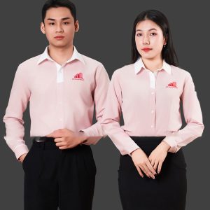 Mẫu đồng phục công sở áo sơ mi tay dài màu hồng phối trắng
