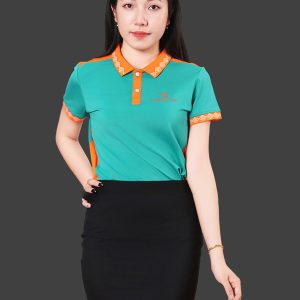 May in áo thun đồng phục công ty màu xanh phối cam thanh lịch